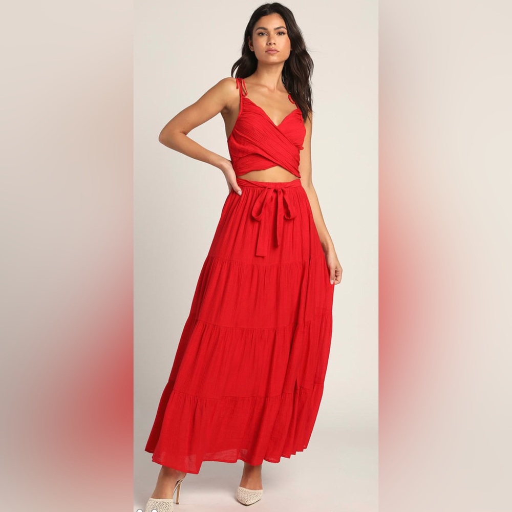 Lulus “Seek Your Sunshine Red” Tie-Strap Cutout Tiered Maxi Dress, Small